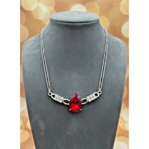 Red Teardrop Crystal Necklace – Silver Tone Rhinestone Accents – 16”